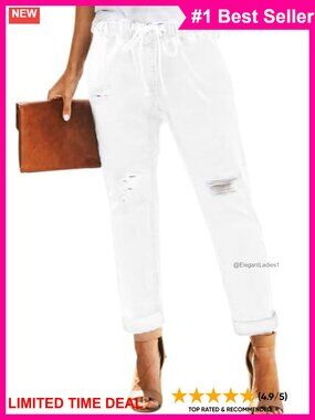 Womens Denim Jeans Pull-on Stretch Elastic Waist Drawstring Joggers Pants